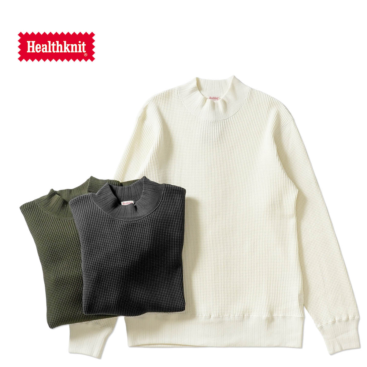 Healthknit ヘルスニット 長袖 Tシャツ "スーパーヘビーワッフル モックネック長袖" 52002