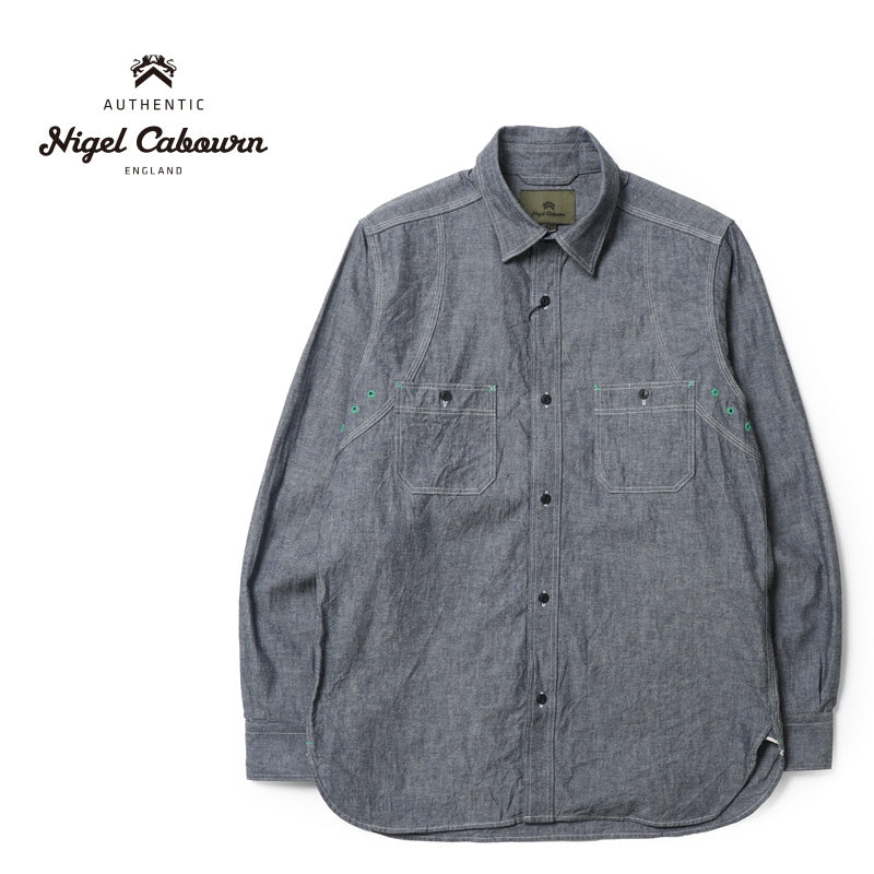 ナイジェルケーボン　バンドカラー　デニムシャツ　　綿麻 Nigel Cabourn ナイジェルケーボン 長袖シャツ 