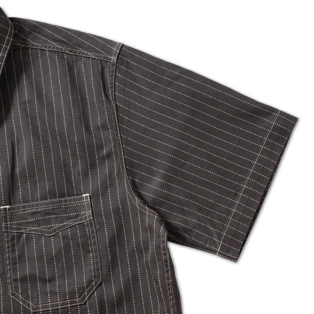 SUGAR CANE シュガーケーン 半袖シャツ “FICTION ROMANCE 8.5oz. BLACK WABASH STRIPE WORK SHIRT (SHORT SLEEVE)” SC39702